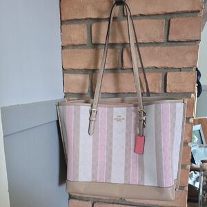 Coach Pink and Beige Striped Tote Bag NWT
